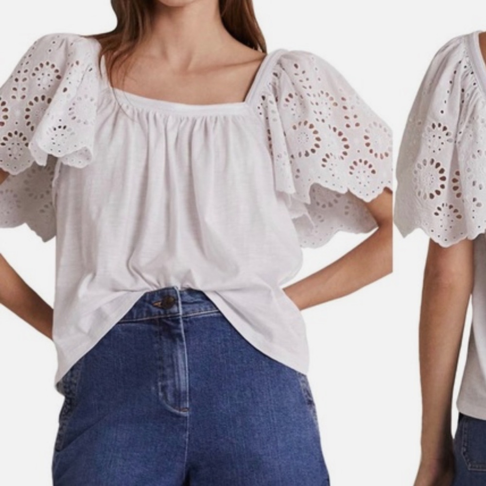 Boden White 100% Cotton Eyelet Scalloped Flutter Sleeve Blouse  Size 2